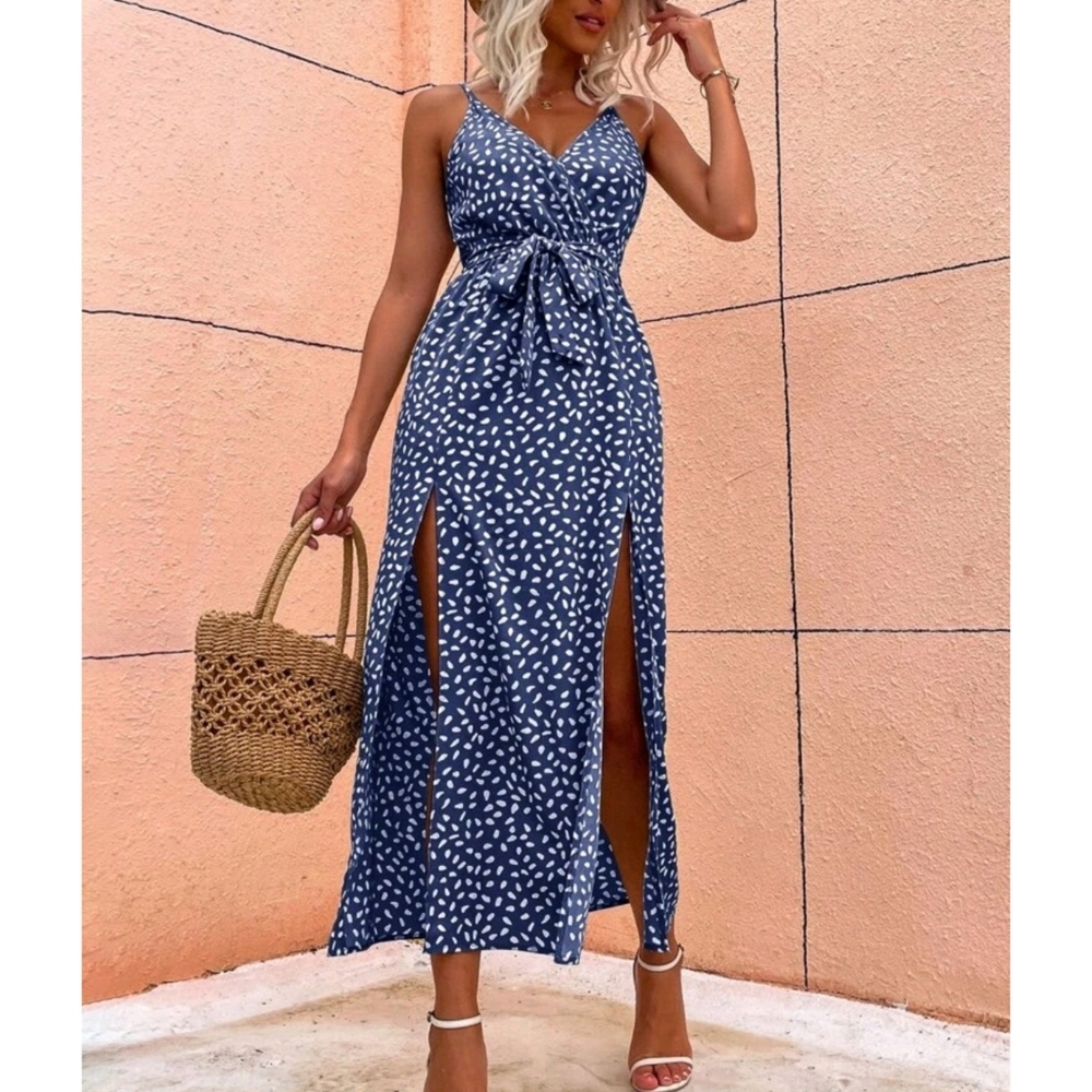 Boho Dalmatian Print Belted Split Hem Cami Dress